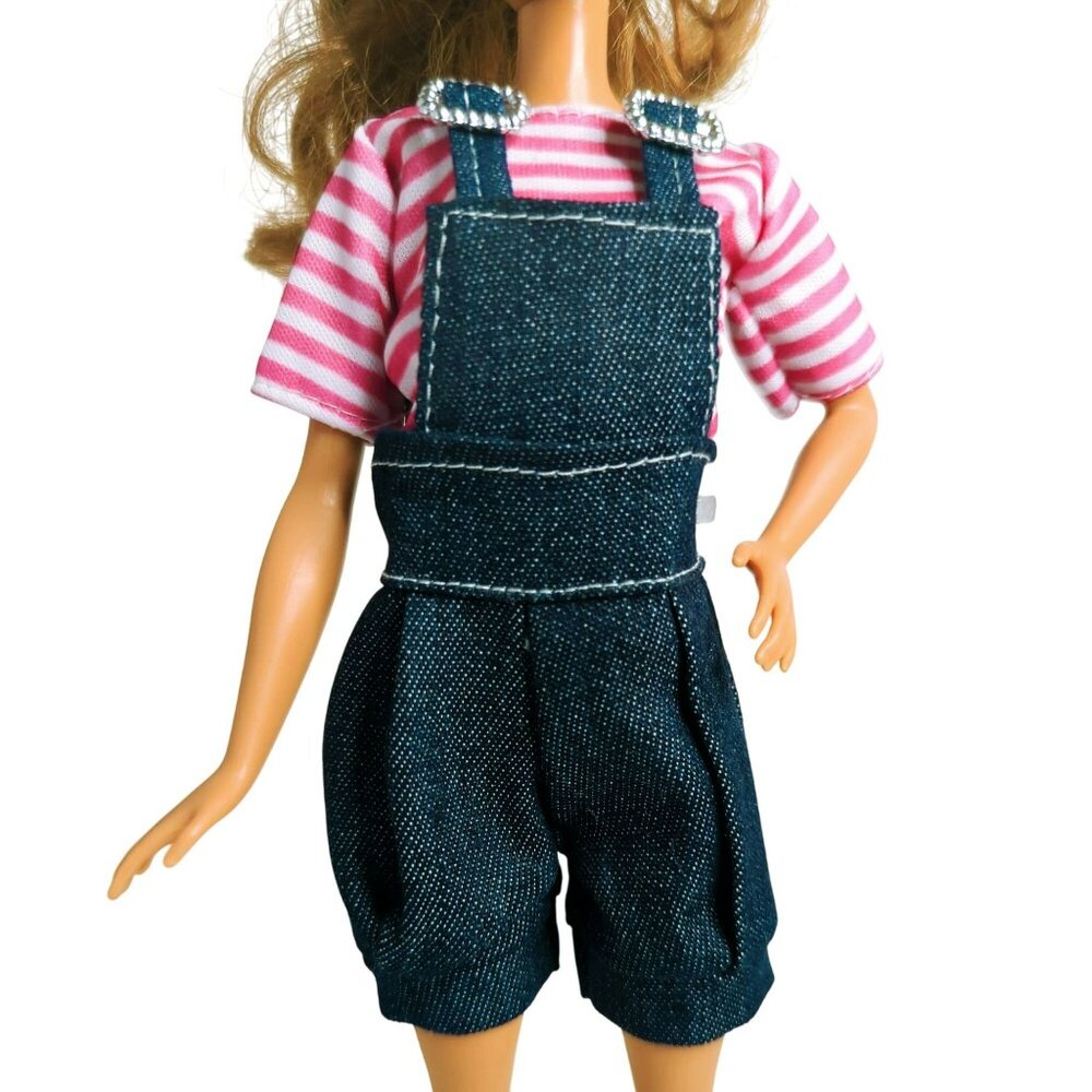 Overalls Shortalls and Pink Striped Blouse for 12 in Dolls